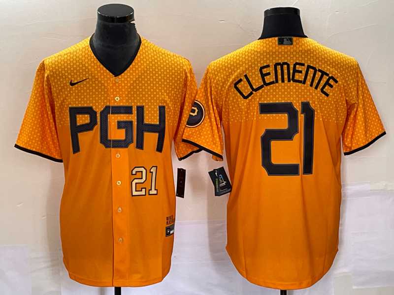 Mens Pittsburgh Pirates #21 Roberto Clemente Number Gold 2023 City Connect Stitched Jersey2->pittsburgh pirates->MLB Jersey